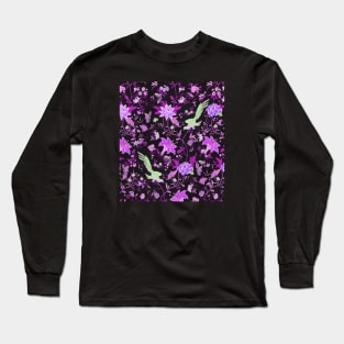 GREEN BIRDS,POMEGRANATE FLOWERS AND BUTTERFLIES Antique Purple Green Floral Pattern Long Sleeve T-Shirt